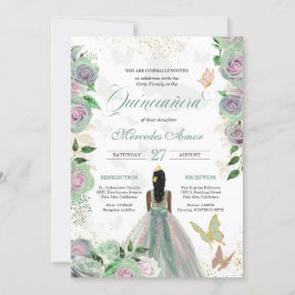 Invitación Rosas Mint Green y Lavender Mariposa Quinceanera