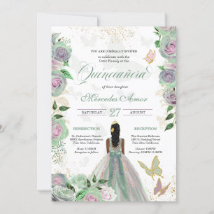 Invitación Rosas Mint Green y Lavender Mariposa Quinceanera 