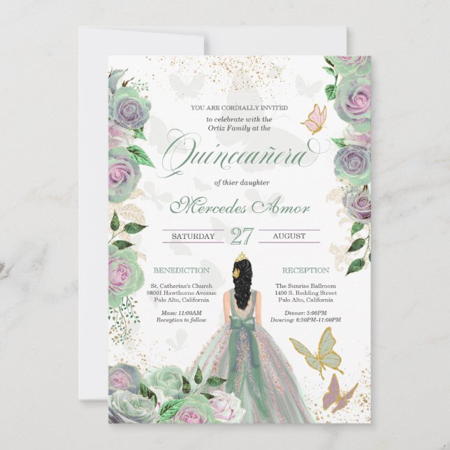 Invitación Rosas Mint Green y Lavender Mariposa Quinceanera (Anverso)
