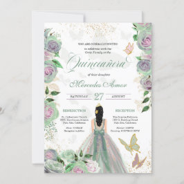 Invitación Rosas Mint Green y Lavender Mariposa Quinceanera
