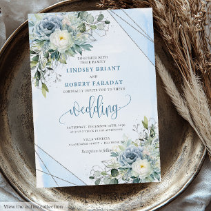 Invitación Rosas modernos de Boho Dusty Blue Silver invitan a