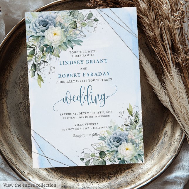 Invitación Rosas modernos de Boho Dusty Blue Silver invitan a (Modern Boho Dusty Blue Silver Roses Wedding Invitation)