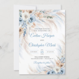 Invitación Rosas modernos de flores de boho azul pampas tropi