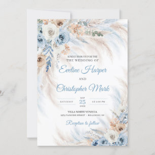Invitación Rosas modernos de flores de boho azul pampas tropi