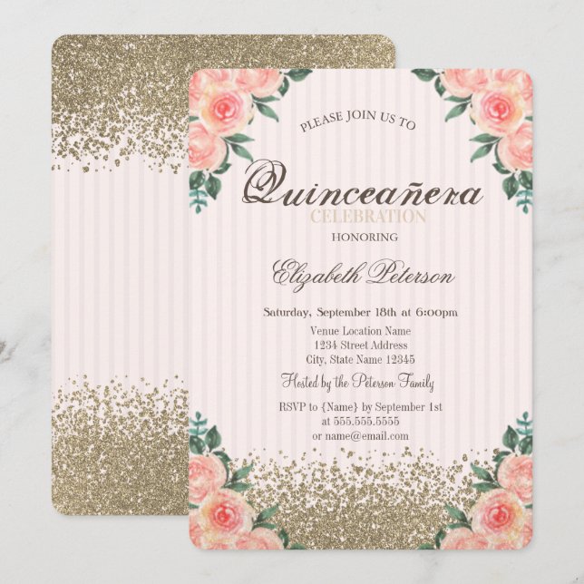 Invitación Rosas modernos de imitación de diamantes de oro es (Anverso / Reverso)