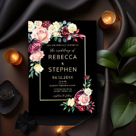 Invitación Rosas modernos de Moody Burgundy Boda negro floral
