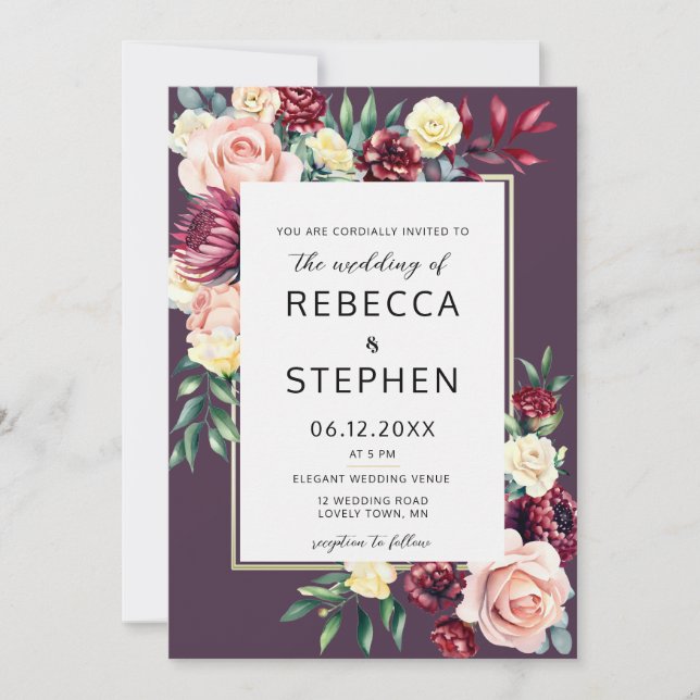 Invitación Rosas modernos de Moody Burgundy Boda violeta flor (Anverso)