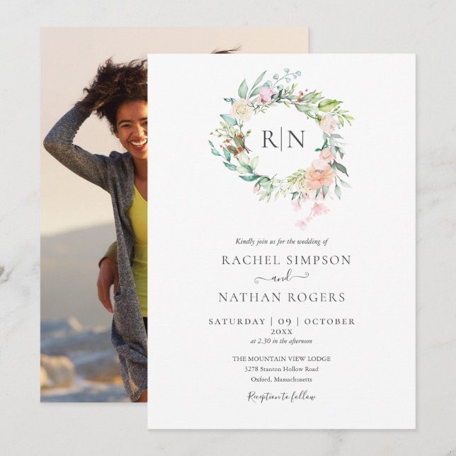 Invitación Rosas Monograma Boda de fotografía floral verde (Anverso / Reverso)
