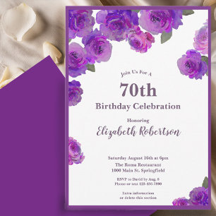 Invitación Rosas Moradas Elegantes Cumpleaños 70 de Mujer Per