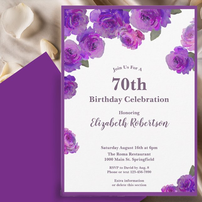 Invitación Rosas Moradas Elegantes Cumpleaños 70 de Mujer Per (Subido por el creador)