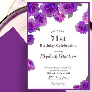 Invitación Rosas Moradas Elegantes Cumpleaños 71 Personalizad