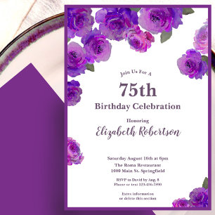 Invitación Rosas Moradas Elegantes Cumpleaños 75 Personalizad