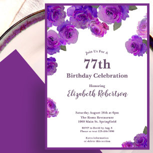 Invitación Rosas Moradas Elegantes Cumpleaños 77 Personalizad