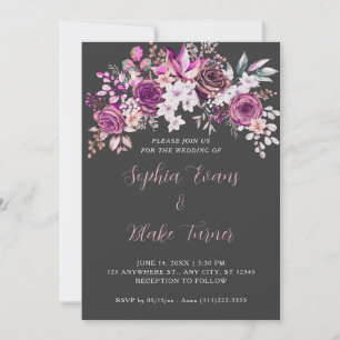 Invitación Rosas Moradas Elegantes Floral Sombra Gris Boda