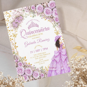 Invitación Rosas Moradas Lilas Quinceañera Occidental Dorada