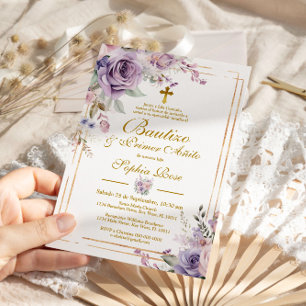 Invitación Rosas Moradas para Bautizo y Primer Añito
