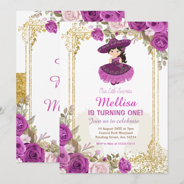 Invitación Rosas morados Chica floral mexicano Fiesta Cumplea (Anverso / Reverso)