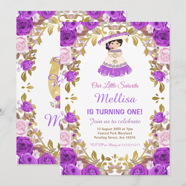 Invitación Rosas morados Chica floral mexicano Fiesta Cumplea (Anverso / Reverso)