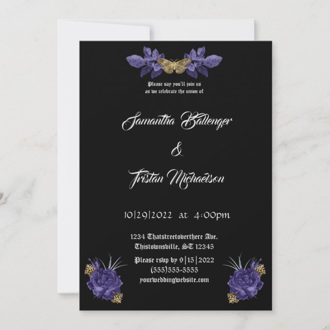 Invitación Rosas morados con Boda gótico de polilla de oro (Anverso)