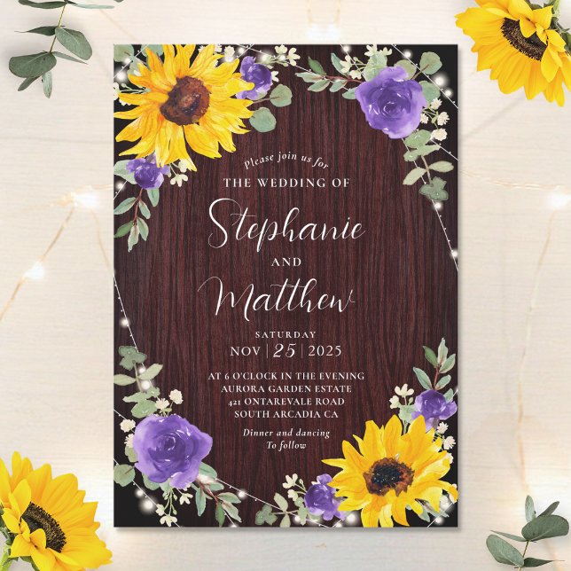 Invitación Rosas morados de girasoles iluminan Boda de madera (Subido por el creador)