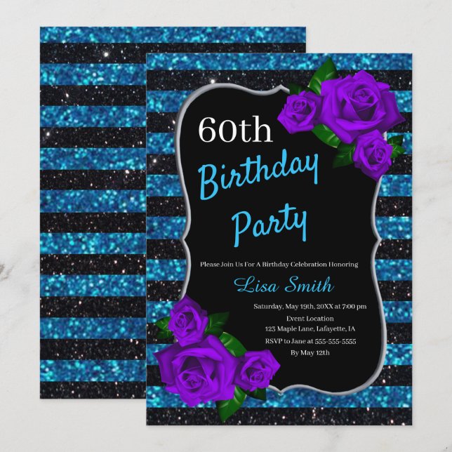 Invitación Rosas morados de las franjas azules negras Purpuri (Anverso / Reverso)