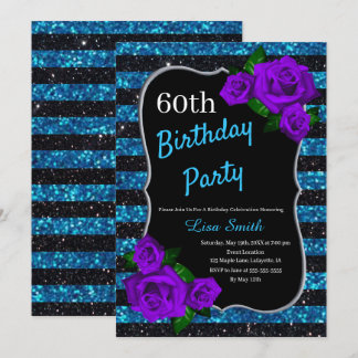 Invitación Rosas morados de las franjas azules negras Purpuri