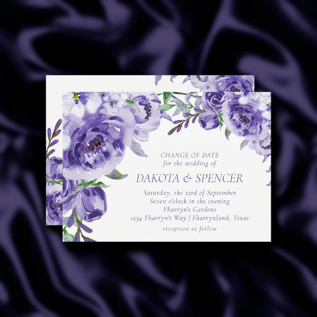 Invitación Rosas morados | Elegante cambio de fecha de acuare (Subido por el creador)