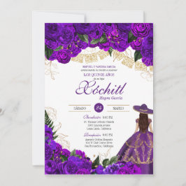 Invitación Rosas morados elegante charro esmeralda Quinceaner