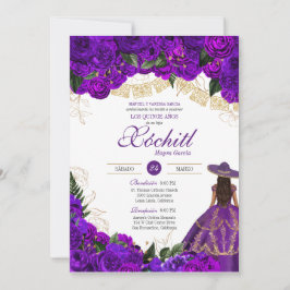 Invitación Rosas morados elegante charro esmeralda Quinceaner