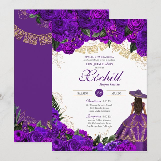 Invitación Rosas morados elegante charro esmeralda Quinceaner (Anverso / Reverso)