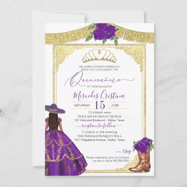 Invitación Rosas morados elegante Charro Occidental Quinceane (Anverso)