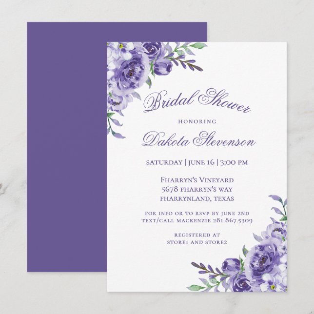 Invitación Rosas morados | Elegante Ducha Floral acuática (Anverso / Reverso)