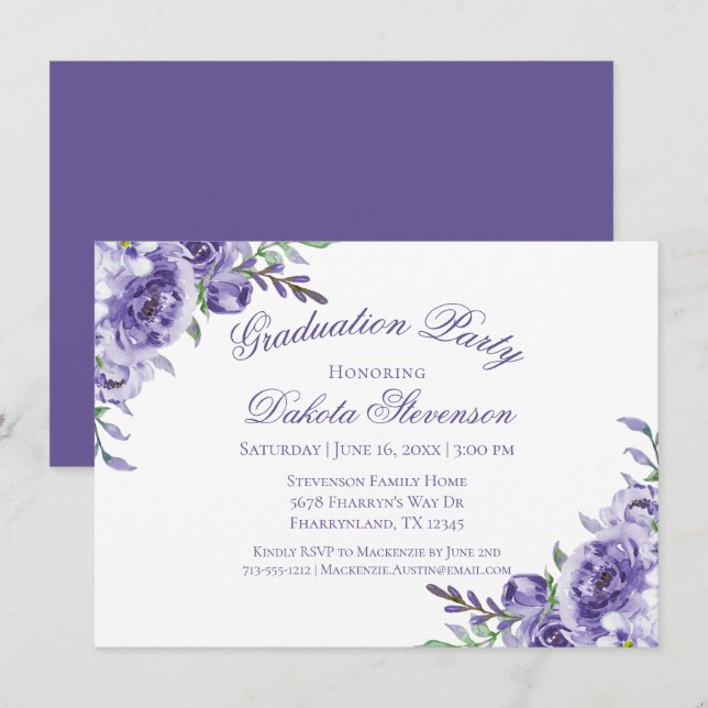 Invitación Rosas morados | Elegante Graduación de acuarela (Anverso / Reverso)