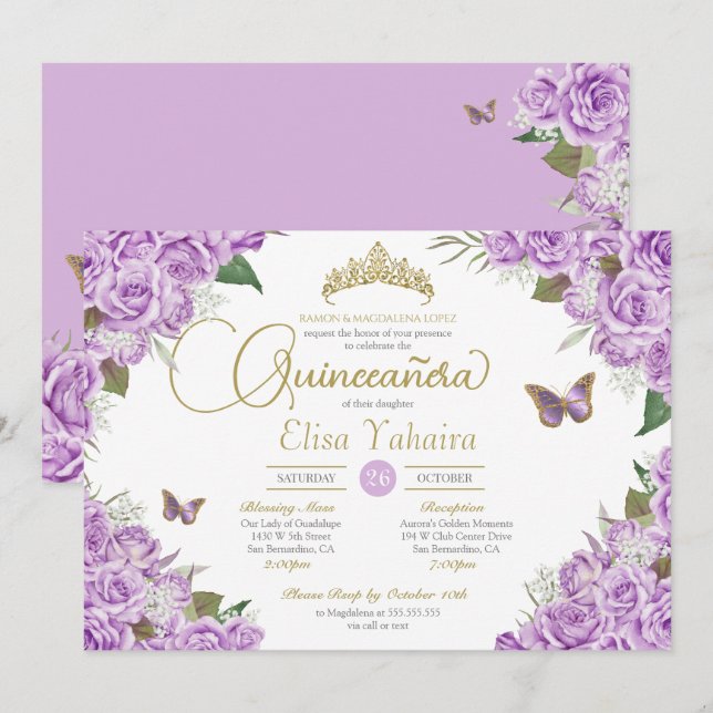 Invitación Rosas morados Floral Tiara Mariposa Quinceanera (Anverso / Reverso)