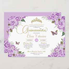 Invitación Rosas morados Floral Tiara Mariposa Quinceanera