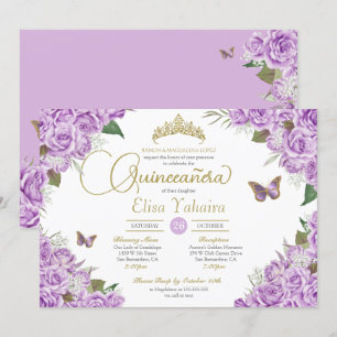 Invitación Rosas morados Floral Tiara Mariposa Quinceanera