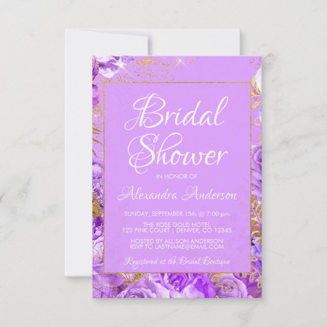 Invitación Rosas morados florales en la ducha de novia Monogr (Anverso)