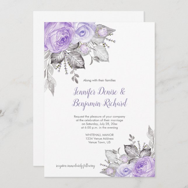Invitación Rosas morados hojas de plata - blanco - Boda | (Anverso / Reverso)
