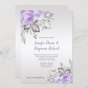 Invitación Rosas morados hojas de plata - Plata - Boda 