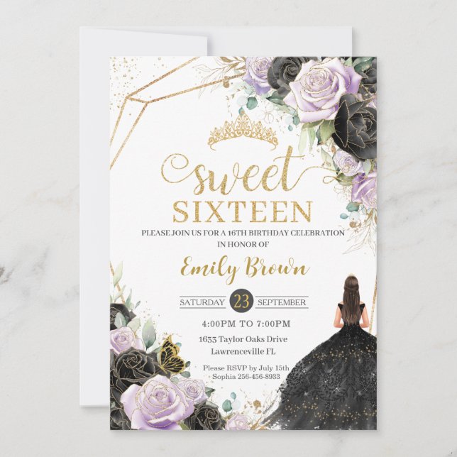 Invitación Rosas morados negros princesa floral dulce diecisé (Anverso)