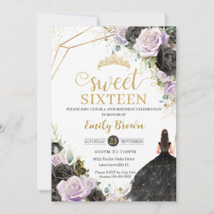 Invitación Rosas morados negros princesa floral dulce diecisé