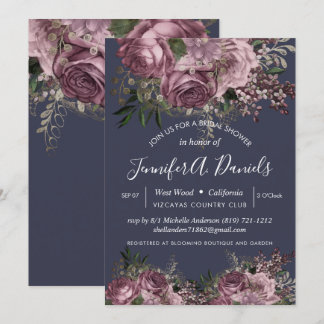 Invitación Rosas morados plateados con ducha de novia