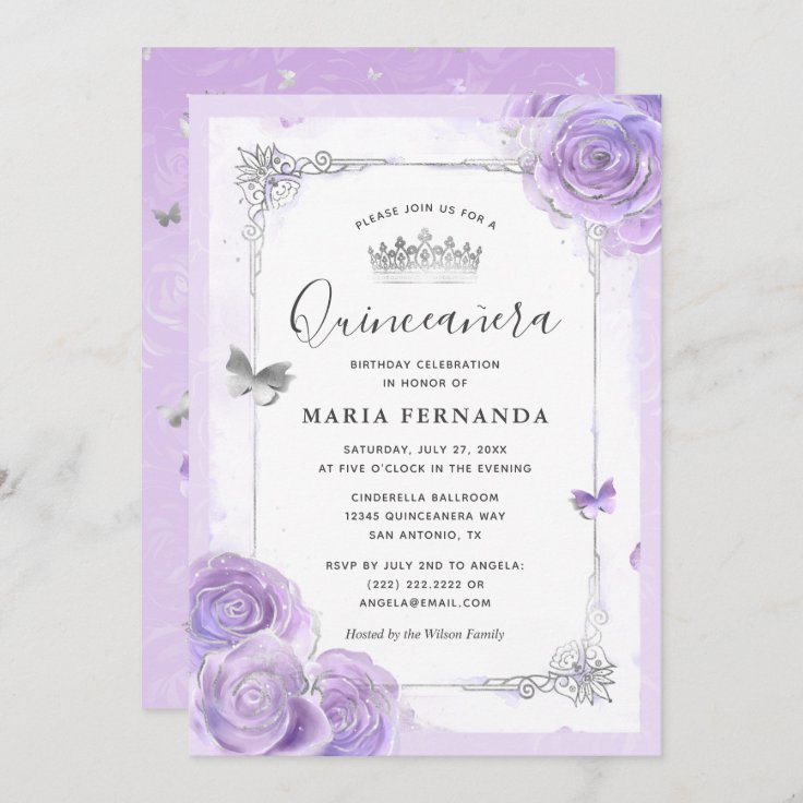 Invitación Rosas morados plateados elegantes Quinceanera 