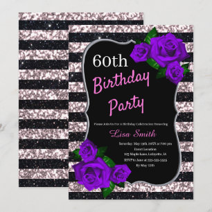 Invitación Rosas morados Purpurina de franjas rosadas negras