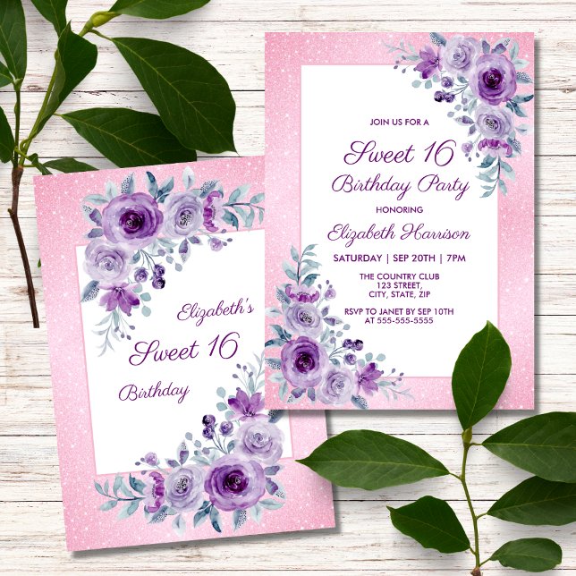Invitación Rosas morados Purpurina floral Rosa 16 cumpleaños (Subido por el creador)