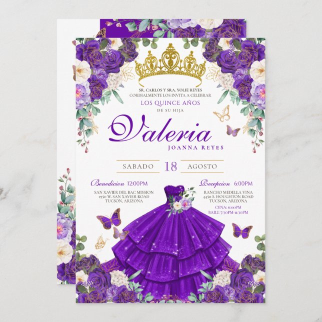 Invitación Rosas morados reales mariposa Princesa Quinceanera (Anverso / Reverso)