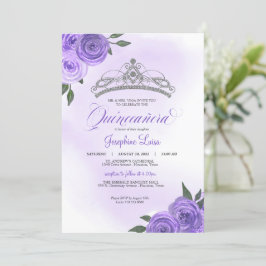 Invitación Rosas morados Silver Tiara Quinceañera Cumpleaños