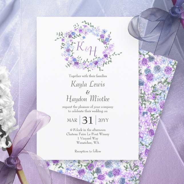 Invitación Rosas morados y azules claros Boda Wreath (Purple, light blue, lavender rose wreath botanical rose garden wedding invitations, round roses vine)