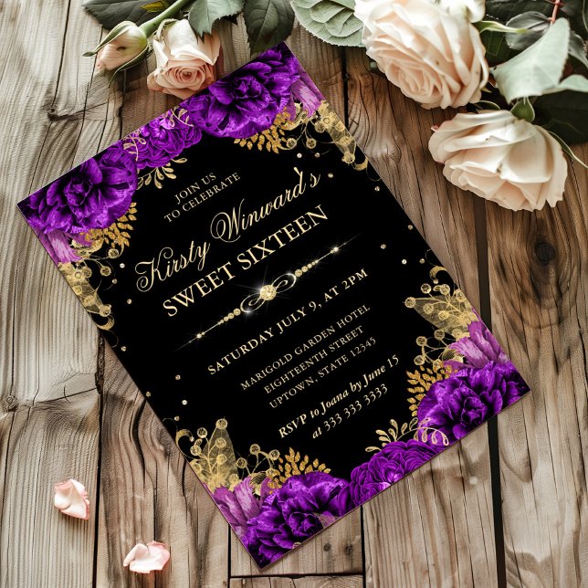 Invitación Rosas morados y dorados dulce floral dieciséis (Subido por el creador)