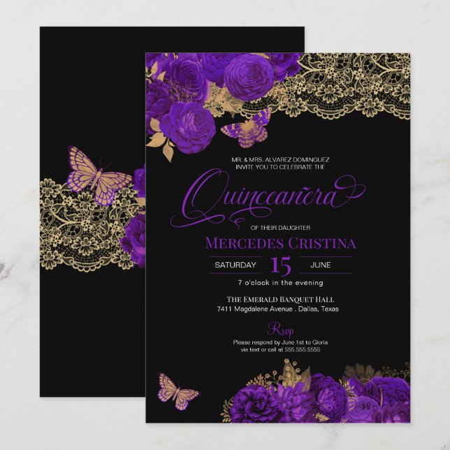 Invitación Rosas morados y mariposa de encaje Quinceañera (Anverso / Reverso)